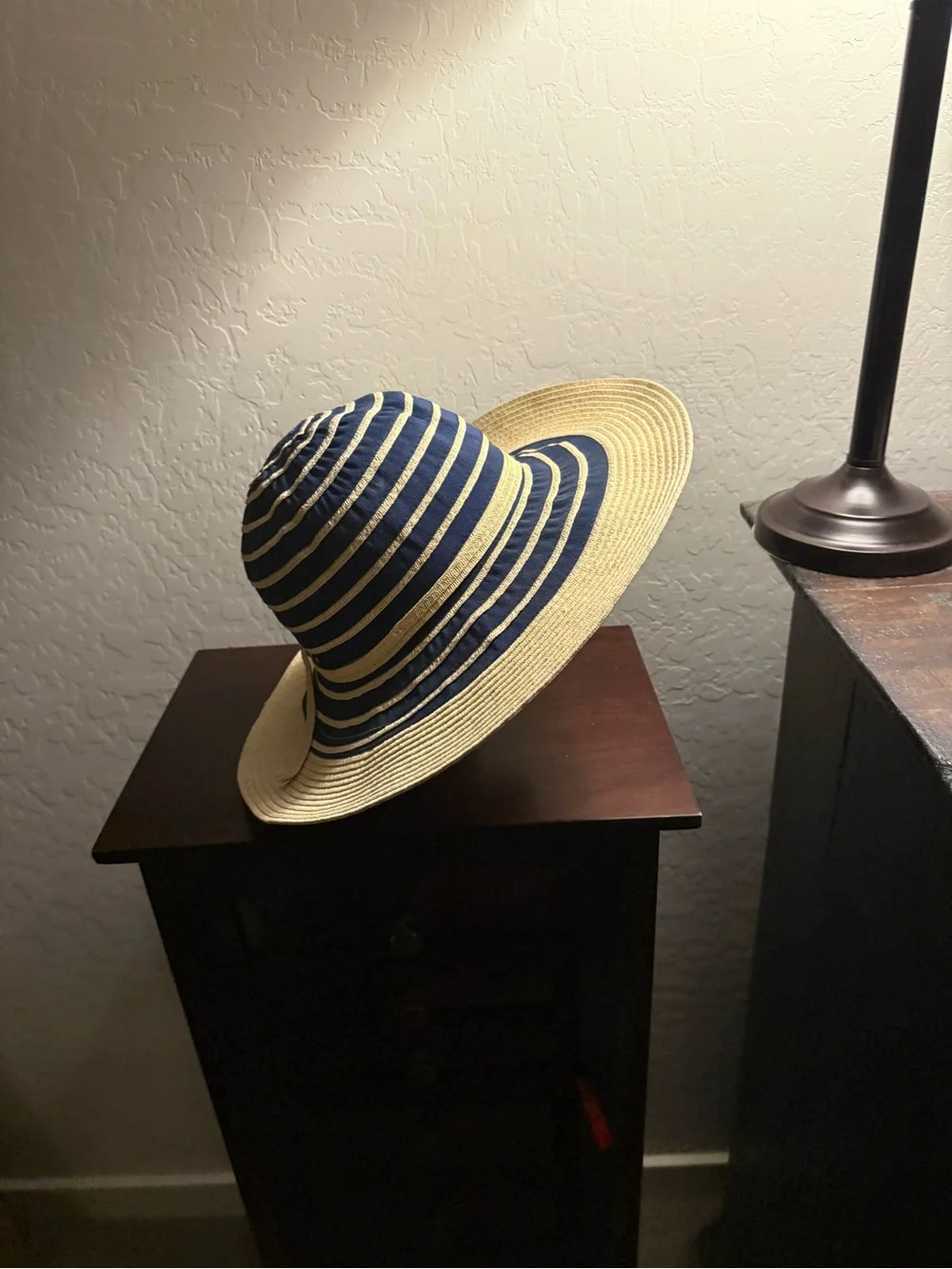 Striped Wide-Brim Straw Sun Hat - Blue & Natural